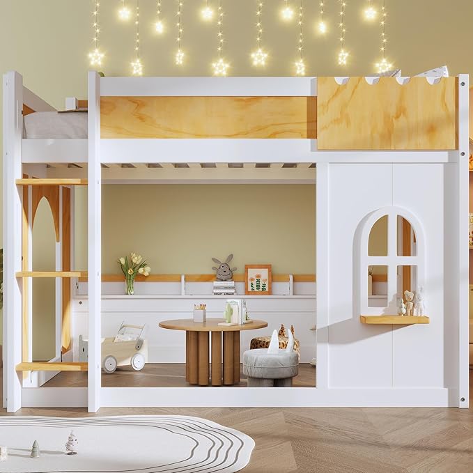 Full Over Full Bunk Bed with Storage Shelves and Window, Wood Bunk Bed Frame with 2 Doors for Kids Teens Adult Bedroom, No Spring Box Needed