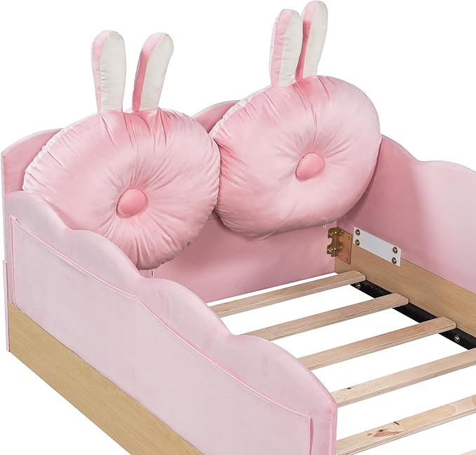 Twin Size Upholstered Platform Bed with Safety Guardrail and Cute Rabbit Ear Shaped Pillows, Velvet Fabric Montessori Kids Floor Bed with Pocket and Sturdy Slats Support (Pink-9.25)
