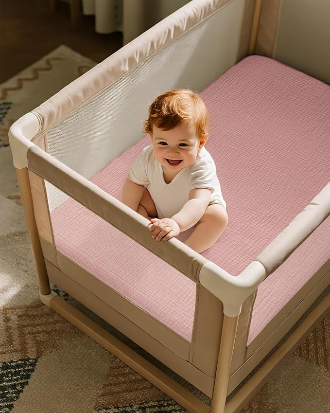 Muslin Pack and Play Sheets Fitted, 100% Cotton Mini Crib Sheets 2 Pack for Pack N Play Mattress, Stretchy Playard Sheet, Soft and Breathable Pink & Purple