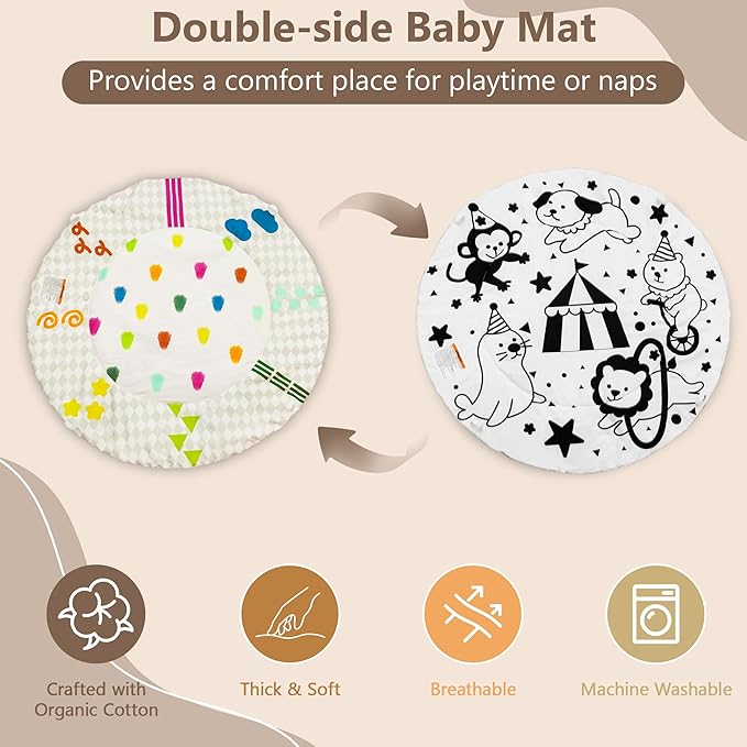 Bella’s Friends Baby Play Gym Mat, Stage-Based Developmental Tummy Time Mat, Wooden Activity Center for Baby with 4 Detachable Sensory Toys and Reversible Mat, Baby Essentials Gifts for Newborn Infant