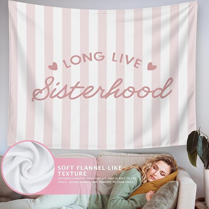 LIANGW Preppy Long Live Sisterhood Pink Striped Girls Room Decor - Tapestry Aesthetic for Bedroom, Coquette Preppy Room Decor for Girly Nursery Toddler Playroom Bedroom Dorm Apartment 50x60 inches