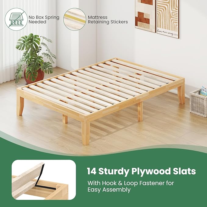 KOMFOTT 14 Inches Wood Platform Bed Frame Full Size, Wooden Mattress Foundation with Rubber Wood Frame, Strong Slats Support, No Box Spring Needed, Bed Frame (Natural)