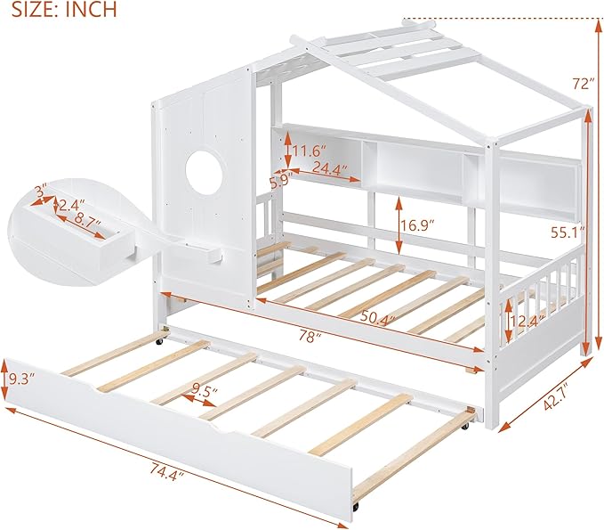 Linique Wooden Twin Size House Bed with Trundle and Storage Shelf,Modern Design Twin Platform Bed Frame with Pitched Roof,White