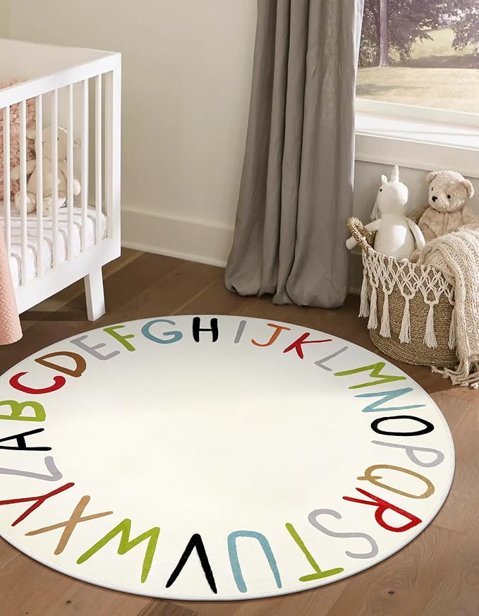 LIVEBOX Colorful Round Kids Rug for Nursery & Playroom - Washable ABC Rainbow Educational Rug (40", Multi Color)