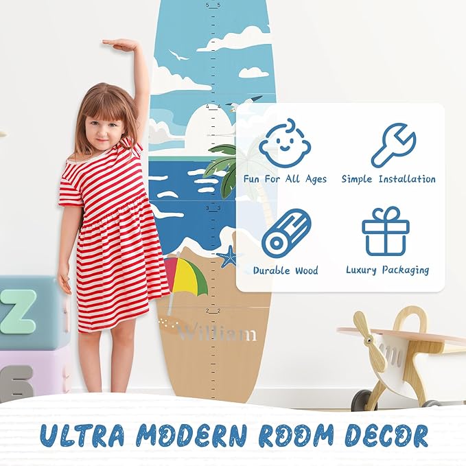 Personalized Name Growth Chart, Surfboard Children's Height Growth Chart Wall Board, Precision Height Measuring Instrument for Nursery Room, 63" x 15.4"