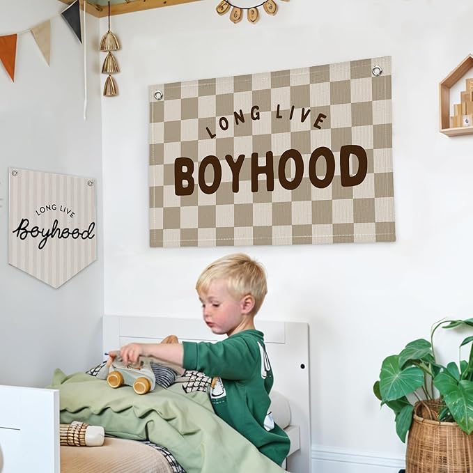 Lacama Boho Long Live Boyhood Boys Room Decor, Boy Nursery Decor, Linen Banner Wall Hanging Canvas Banner Flag Decor for Toddler Boy Room Nursery 30x20 In