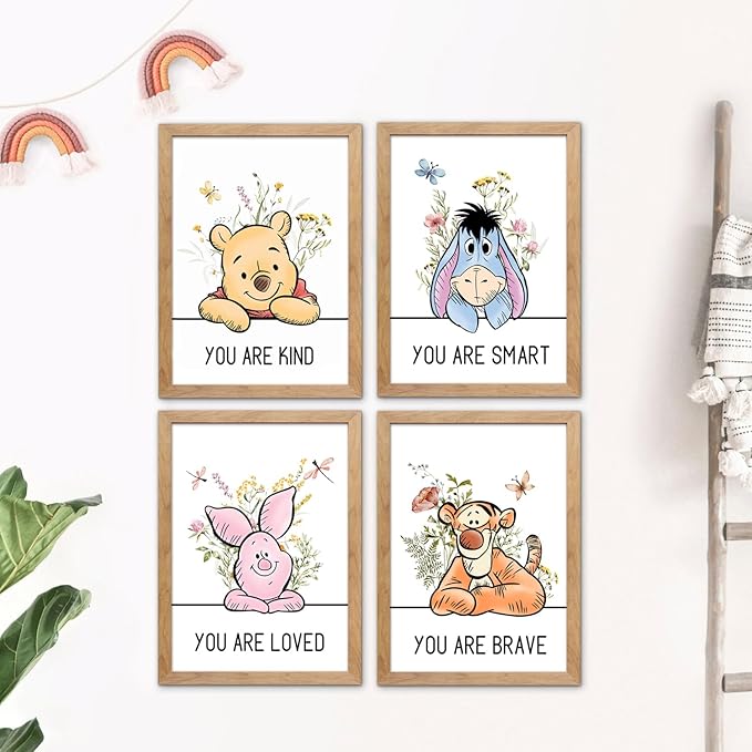 Cute Winnie the Pooh Quote Framed Wall Art Set of 4, Boho Educational You are Brave Strong Smart Kind Wooden Saying Sign for Baby Girl Kid Boy Toddlers, Preschool Inspirational Nursery Wall Decor