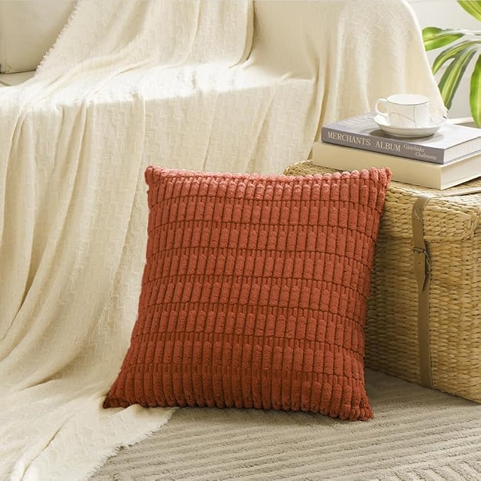 Fancy Homi 2 Packs Burnt Orange Decorative Throw Pillow Covers 16x16 Inch for Living Room Couch Bed Sofa, Rustic Farmhouse Fall Home Decor, Soft Striped Corduroy Square Cushion Case 40x40 cm