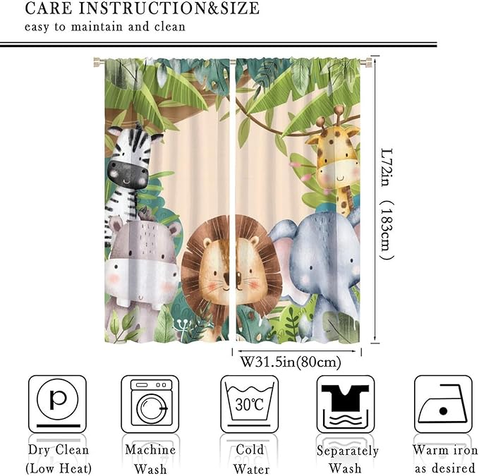 Jungle Animals Curtains Colorful Forest Cartoon Wildlife Lion Giraffe Elephant for Kids Boys Girls Nursery Bedroom Living Room Blackout Rod Pocket Decoration Window Drapes 2 Panels W31.5xL72in
