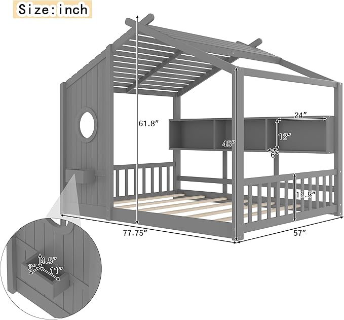 Full Size Wooden Floor House Bed with Storage Shelf, Modern Design Kids Bed Frame with Roof and Window for Bedroom, Wood Slat Support, No Box Spring Needed, Easy Assembly (Grey)