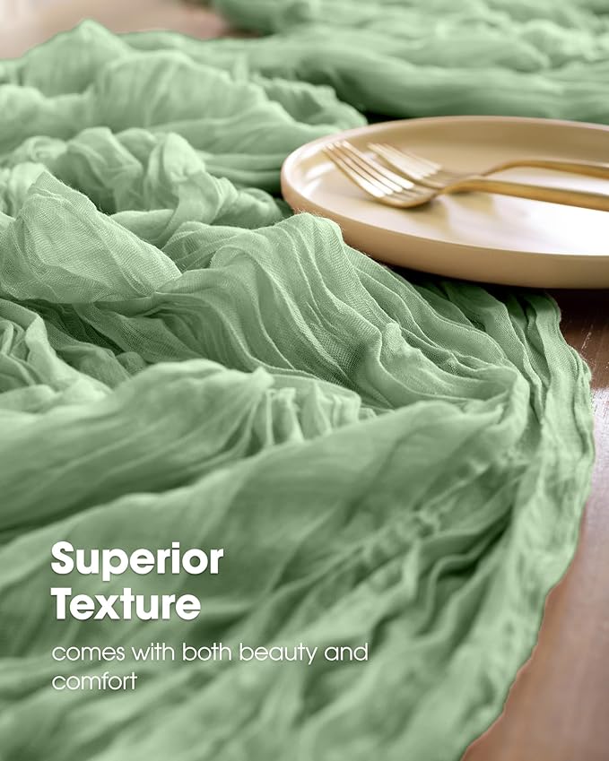 Pureegg 2-Pack Cheese Cloths Table Runner, 120'' Boho Table Cloth Decorations for Party, Baby Shower, Wedding and Farmhouse, Fabric Room Decor, Sage Green