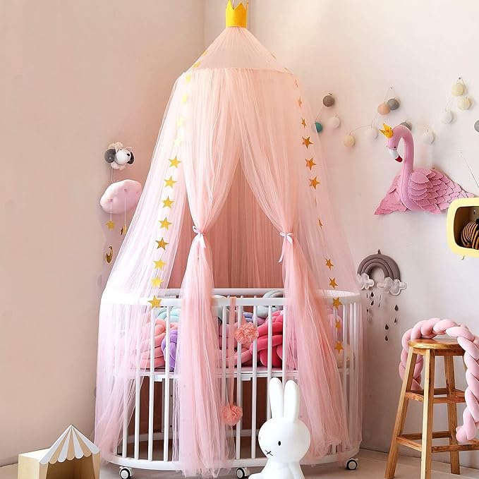Bed Canopy for Girls, Canopy for Girls Room with Stars Decor, Dreamy Crib Canopy for Girls-Soft, Flowy & Easy to Install-Princess Canopy for Girls Bed, Reading Nook, Crib, Pink