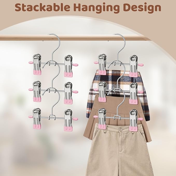 12 Pack Baby Hangers with Clips, 360°Rotatable Toddler Pant Hangers with Clips, Non-Slip Space Saving Kids Hanger for Newborn Children Clothes Skirts Boots Closet Organizers, Pink