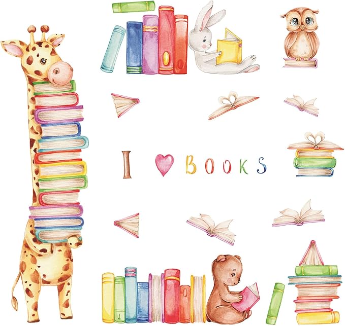Animals Reading Books Wall Decals Watercolor Large Giraffe Bear Rabbit Owl Read Books Wall Stickers for Kids Bedroom Nursery Playroom Classroom Library Reading Corner Decoration