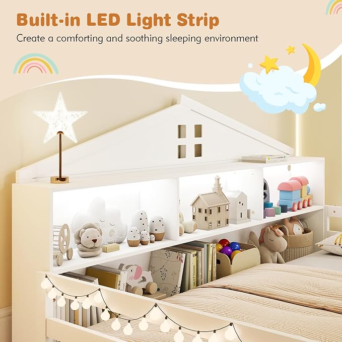 Giantex Twin Size Montessori Floor Bed with LED Lights, 2-in-1 Wooden House Bed Frame with Safety Guardrails, Storage Compartments & Shelf, No Box Spring Needed, Without Slats, White