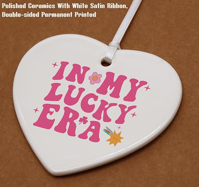 Heart Shaped Christmas Ornament-Lucky Era Keepsake-Shamrock Charm Decor for Women Men-St Patrick's Day Gift-Birthday Celebration Ornament-Ceramic Home Decor in My Lucky Era