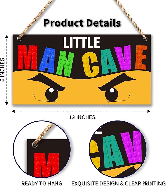 Little Man Cave, Ninja Wooden Door Sign for Boys Room Decor, Boys Decorations for Men Teenager Bedroom Nursery Playroom Wall Art - 6"x12" -A01