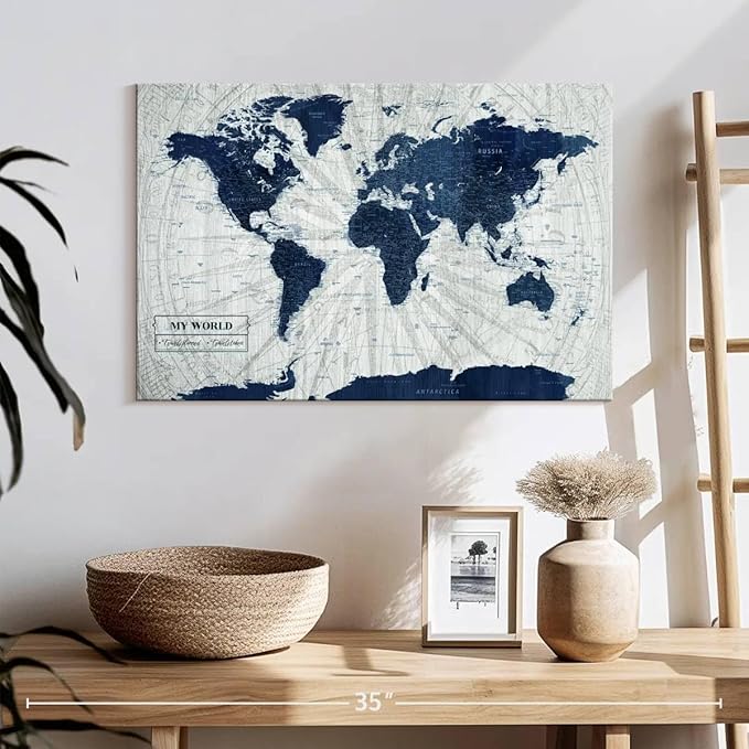 ElephantStock - My World Push Pin Map V Wall Art - Horizontal Canvas Wall Art - Living Room Wall Decor - Unique Map Canvas Art - Gray And Blue Decor - 24" x 16"