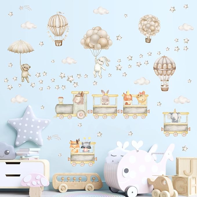 Train Animal Wall Decals Cartoon Hot Air Balloon Animal Wall Stickers Watercolor Star Cloud Decals Boho Nursery Decal Cute Animal Train Stickers for Kids Bedroom Baby Room Playroom Decor