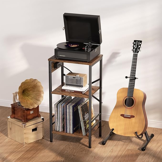 Record Player Stand with Charging Station, 3-Tier End Table with LED Light, Side Table Nightstand for Vinyl Storage,Tall Beside Tables Turntable Stand Living Room, Bedroom, Rustic Brown
