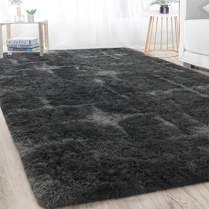 Meralax Grey Rugs for Living Room Bedroom, 4x6 Feet Soft Fluffy Shaggy Gray Bedside Rug, Machine Washable Indoor Floor Carpet for Kids Girls Boys, Dorms, Nursery Rooms, Home Decor Aesthetic