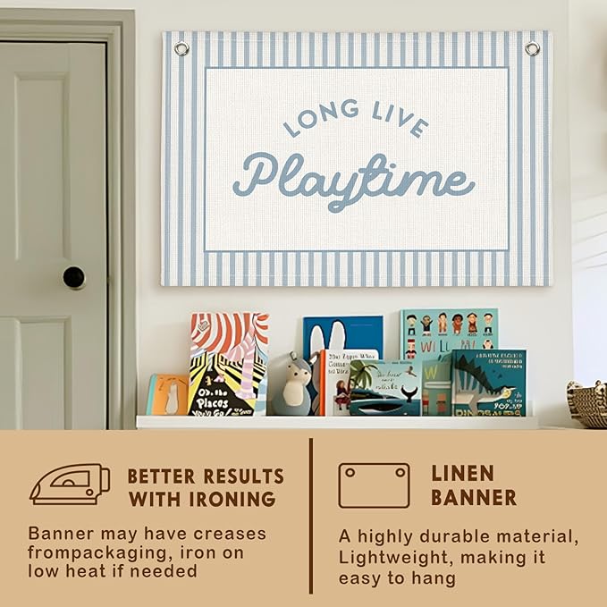 Lacama Blue Long Live Playtime Boys Room Playroom Decor, Boy Nursery Play Room Wall Decor, Linen Banner Wall Hanging Canvas Flag Decors for Toddler Boy Rooms Nursery 30x20 Inch