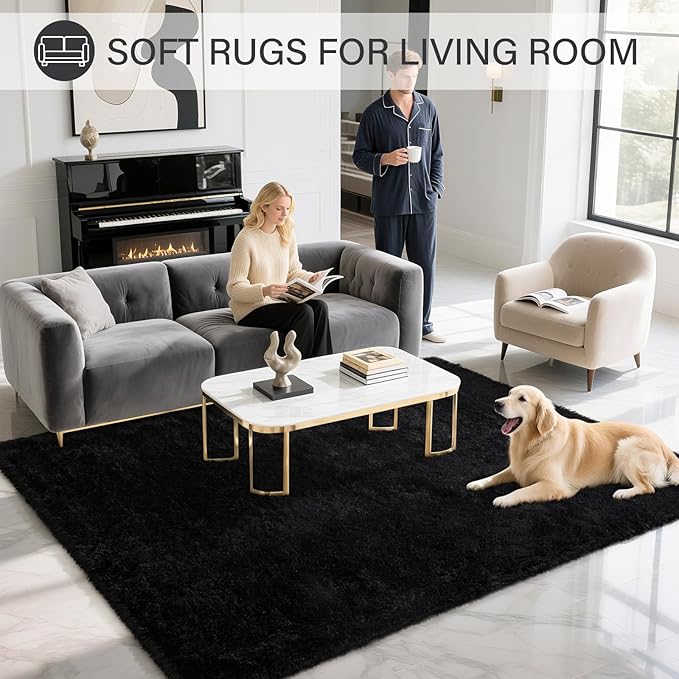 BENRON Fluffy Black Rugs for Living Room Bedroom 4x6, Soft Plush Fuzzy Shaggy Rugs for Kids Girls Boys Room Decor, Washable Indoor Floor Carpets