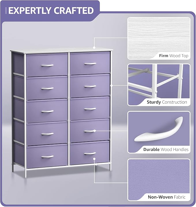 Sorbus Kids Dresser with 10 Drawers - Storage Unit Organizer Chest for Clothes - Bedroom, Kids Room, Nursery, & Closet (Purple, 34 x 12 x 47-10 Drawer)