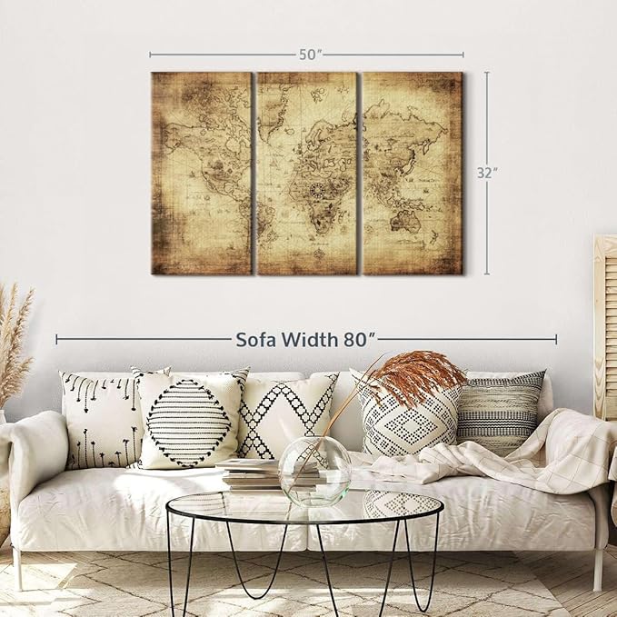 ElephantStock Ancient World Map Wall Art Multi Piece Canvas - 3 Piece Canvas World Map Wall Decor - Wall Decor - Ready-to-Hang Print - Vintage Wall Art - 50" X 32"