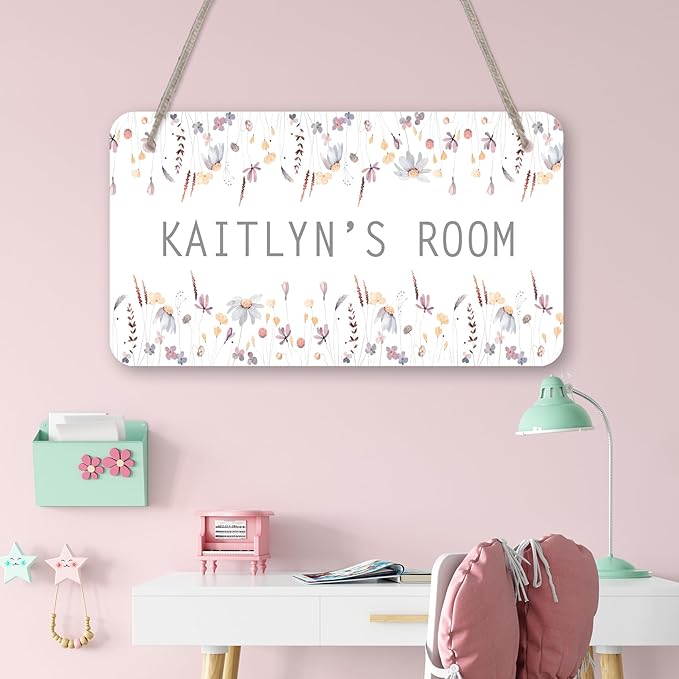 Pastel Flower Design Personalized Room Door Sign Custom Name Signs Kids Girls Bedroom Decor Nursery Dorm Farmhouse Baby Room Wood Hanger Toddler Art Wall Plaque 12x6 Inches