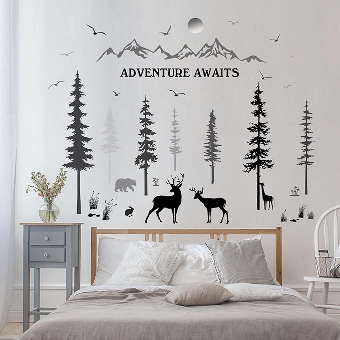 3 Sheets Woodland Nursery Wall Decals Forest Deers Wall Stickers Bears Pine Tree Home Decal Inspirational Quote Mountain Animal Sun Home Stickers DIY Wall Decals for Kids' Room