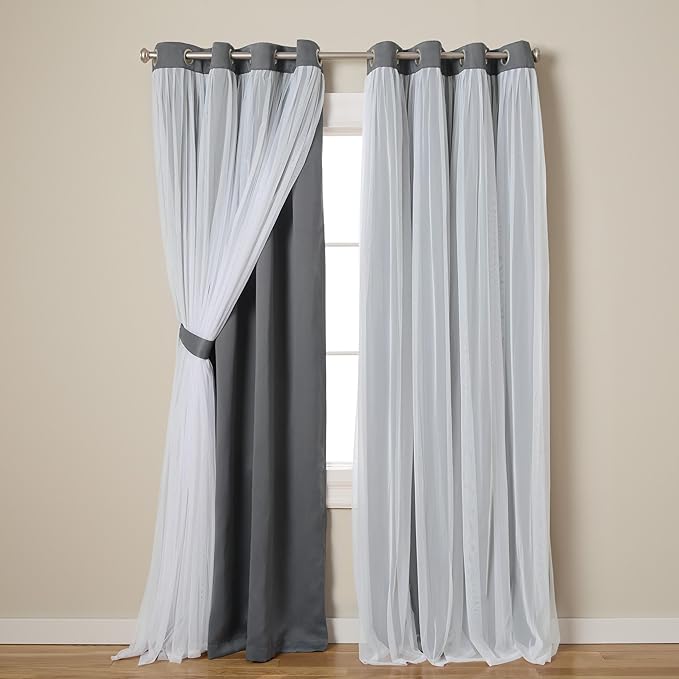 TOWN & COUNTRY LUXE Talia Double Layer Indoor Curtains, Sheer and Room Darkening Blackout, Grommet Top, Energy Efficient, 2-Pack Set, 52"x120", Black Pearl