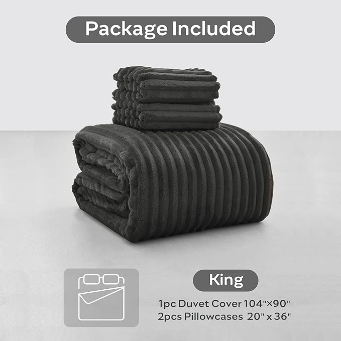 JELLYMONI Plush Duvet Cover Set - King Size Dark Gray Striped Fluffy Comforter Cover 3pcs Bedding Set Luxury Ultra Soft Faux Fur Duvet Cover with Zipper and 2 Pillowcases (NO Comforter)