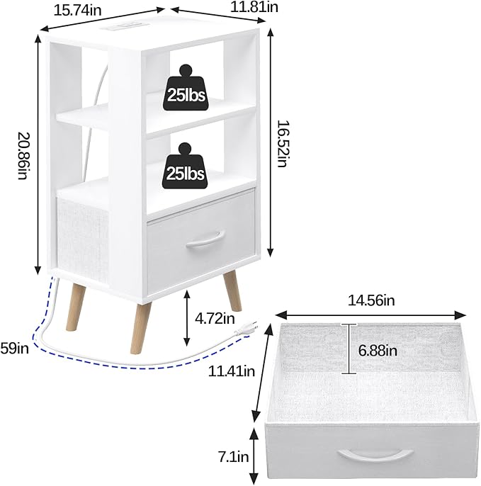 Night Stand with Charging Station, White Kids Nightstand with Drawer, 3-Tier Nursery Bedside Table with USB Ports and Outlets, End Table for Small Space, Living Room, Bedroom