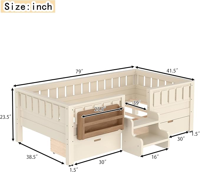 Bellemave Twin Bed with Slats and Stairs, Twin Size Platform Bed Frame with Fence, Bookshelf and Storage Drawers, Easy Assemble Beds for Kids, Girls, Boys, Beige