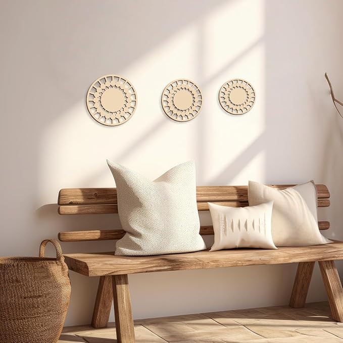 3Pcs Boho Wall Decor, Wooden Modern Circle Wall Art, Neuyral Minimalist Aesthetic Wood Decoration for Nursery Kids Room Living Room Kitchen Bedroom Office (Burlywood)