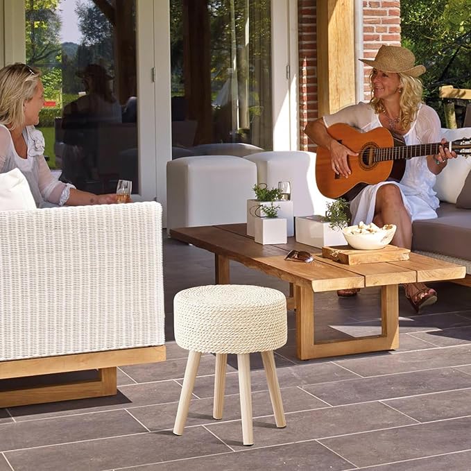 Cpintltr Footstool Ottoman Round Natural Seagrass Foot Stool Pouf Ottomans with Solid Wood Legs Hand Weave Footrest Step Stool for Living Room Bedroom Balcony Garden Natural