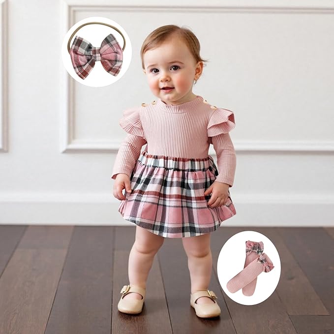 Giraropa Baby Girl Fall Winter Clothes Long Sleeve Romper Dress + Socks + Headband Newborn Infant Cute Casual Outfits