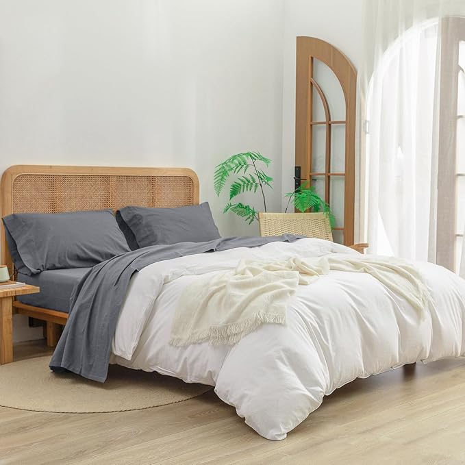 BESTOUCH Sheet Set 100% Washed Cotton Linen Feel Super Soft Comfortable Chic Lightweight 4 Pcs Home Bedding Set Solid Quiet Shade Grey Cal King