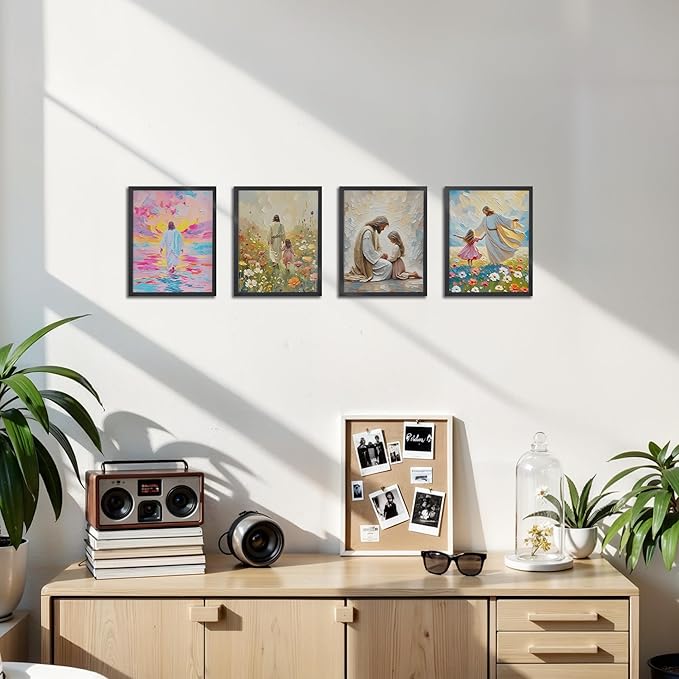 OFJE Christian Jesus with Girl Wall Art Decor Prints Set of 4, Jesus Walking on Water Religious Wall Art Posters Decor for Girls Bedroom Home Living Prayer Room, 8x10 Unframed