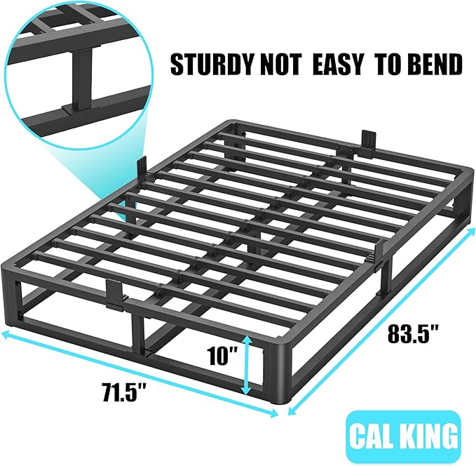 Upgrade Anti Bending and Round Corner Legs 10 inch Metal California King Bed Frame 3500 LBS Heavy Steel Slats Support Platform Bed Frame No Box Spring Needed Platform Noise Free Easy Assembly