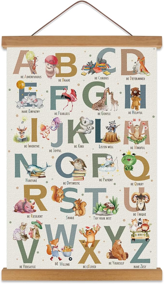 KAIRNE Alphabet Poster With Wood Magnetic Hanging Framed(35CMx56CM) Kids Growth Mindset Canvas Hang Signs,Emotions Learning Prints Classroom Decor Animal ABC Wall Art for Playroom Nursery Decor