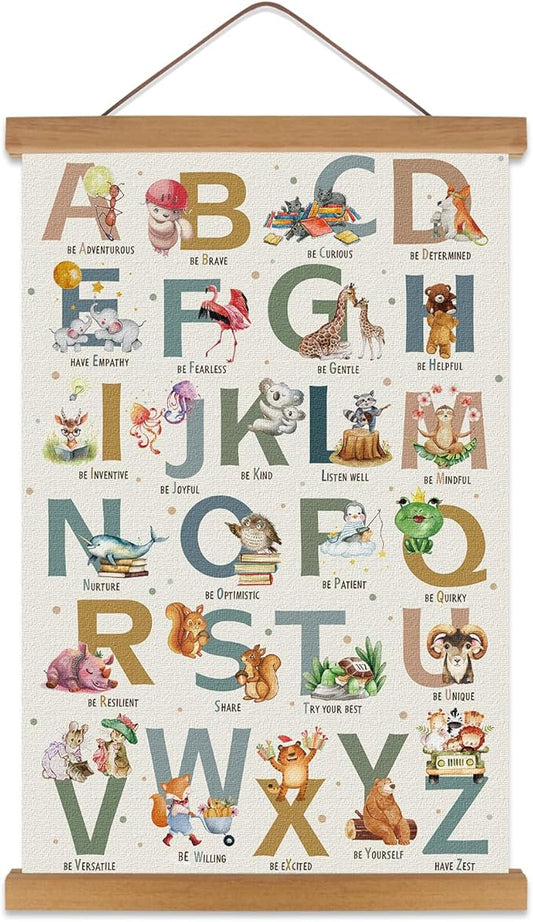 KAIRNE Alphabet Poster With Wood Magnetic Hanging Framed(35CMx56CM) Kids Growth Mindset Canvas Hang Signs,Emotions Learning Prints Classroom Decor Animal ABC Wall Art for Playroom Nursery Decor