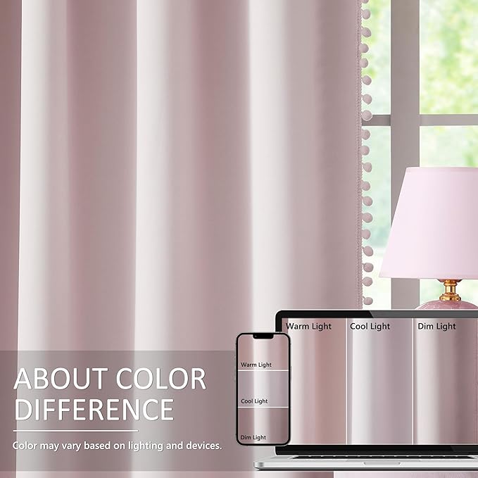 Treatmentex 100% Full Blackout-Curtains for Bedroom Pink Pom Poms Curtain Panals for Girls 95inch Cute Thermal Insulated Window Drapes for Living Room Baby Nursery 52" w x 95" l 2pcs Rod Pocket