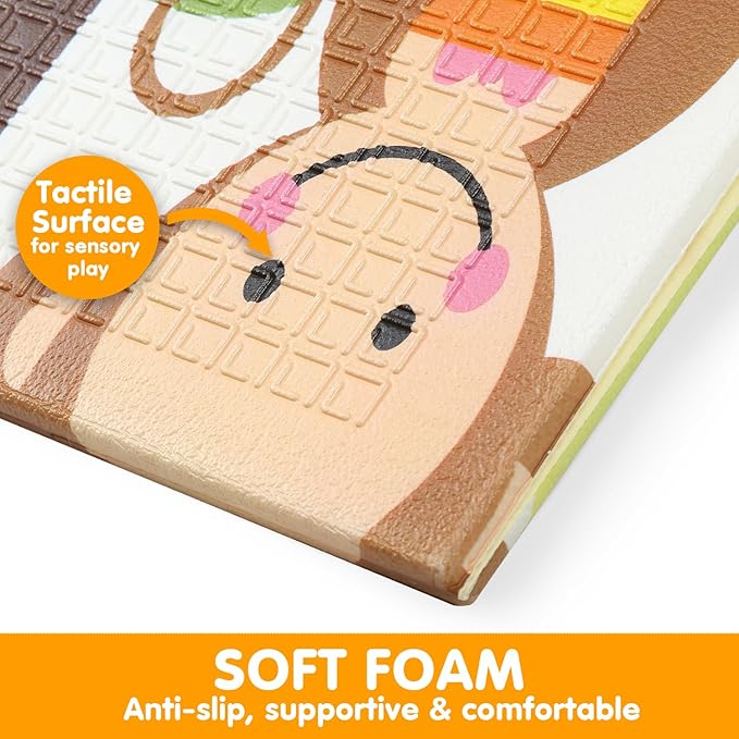 Bammax X-Large 78" x 70" x 0.4" XPE Foam Padded Baby Play Mat + Travel Bag | Waterproof, Reversible & Foldable Design | Baby Crawling Mat & Kids Play Mat – Giraffe & Mixed Animals