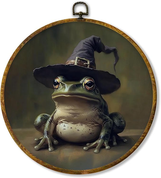 Hiuwevt Vintage Moody Gothic Witchy Frog Round Wall Art Decor, Dark Academia Cottagecore Framed Canvas Prints, Farmhouse Rustic Frog Round Wall Hanging Decor for Bedroom Home Decorations, 10x10 Inches