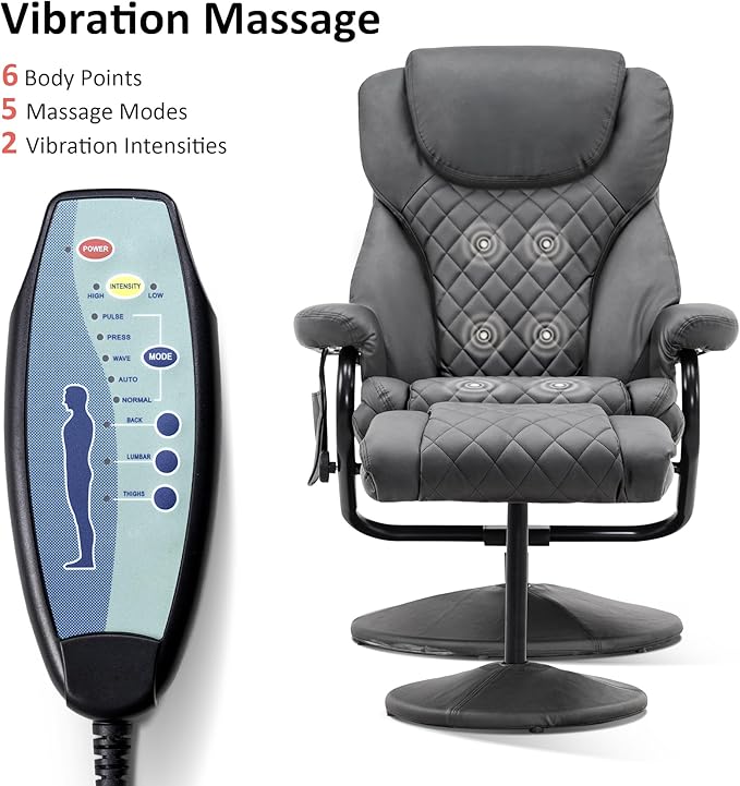 MCombo Recliner with Ottoman, Reclining Chair with Massage, 360 Swivel Living Room Chair Faux Leather, 4901 (Grey)