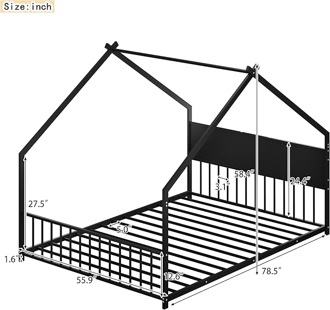 Ball & Cast Full Size Floor Bed,Low to Ground Montessori Bed with Roof & Colorful LED Lights,Toddler House Bed Frame W/Slats and Legs,No Box Spring Needed,for Girls Boys,Black