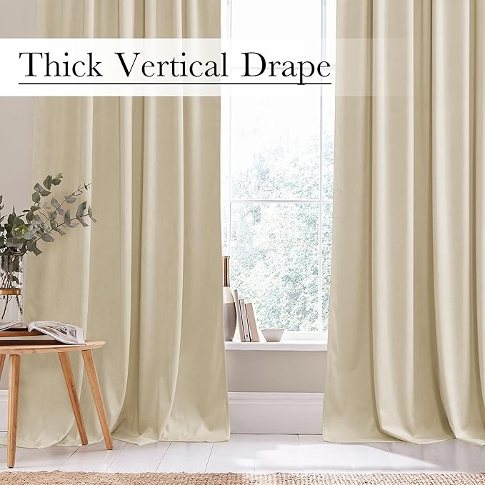 StangH Beige Velvet Curtains 94 inches Long Back Tab Soft Thermal Insulated Light Filtering Window Drapes Privacy Home Decor for Bedroom Living Room, W52 x L94, 2 Panels