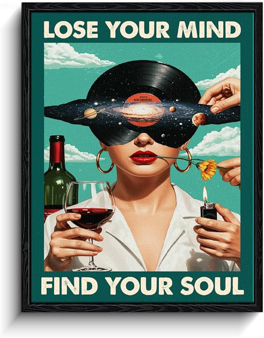 Surreal Music Quote Wall Art, find your soul quote, retro psychedelic wall decor, matte finish framed canvas print, psychedelic music poster artwork, for music room bar gift, 12x15 inch